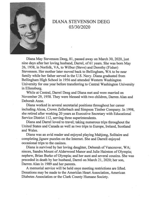 Diana Stevenson (Deeg) (Deceased), Bellingham, WA Washington last lived
